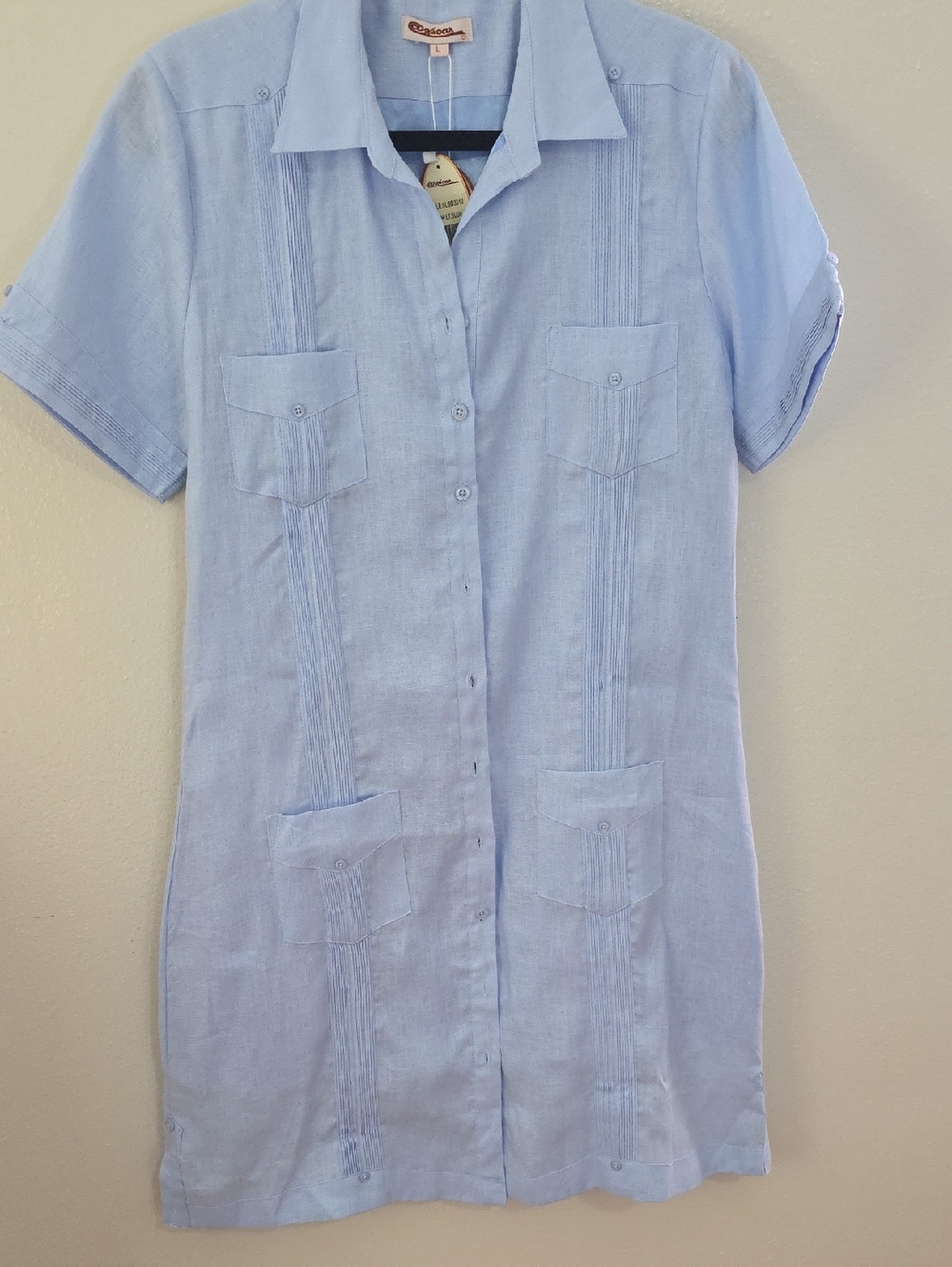Azucar Light Blue Button Front Linen Tunic Guayabera Style Dress